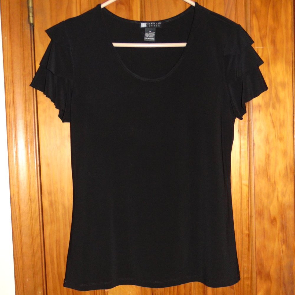 Carole Little Women's Top Tiered-Ruffle Cap Sleeves SZ MED Black